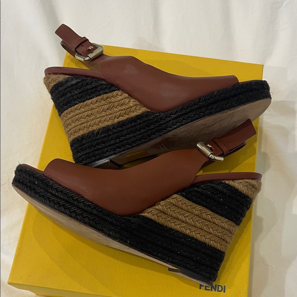 Fendi Brown Leather Peep-Toe Slingback Wedge Sandals - Picture 3 of 4